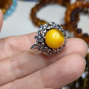 Sterling Silver Floral Ring with Real Amber Bead
